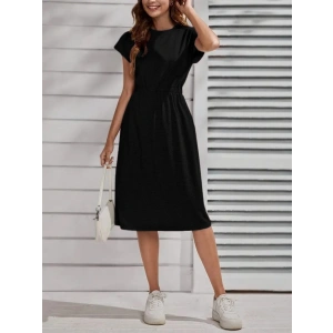 Kadın Kısa Kollu Bisiklet Yaka Belden Lastikli Midi Viskon Elbise