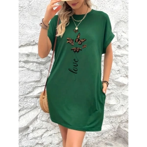 Kadın Kısa Kollu Bisiklet Yaka Cepli Kelebek Baskılı Viskon Elbise