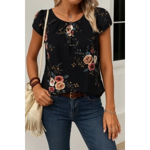 Kadın Kısa Kollu Bisiklet Yaka çiçek Baskılı Süprem Bluz