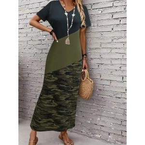 Kadın Kısa Kollu Bisiklet Yaka çok Renkli Maksi Viskon Elbise