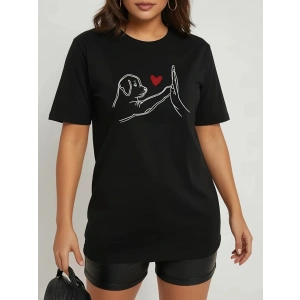 Kadın Kısa Kollu Bisiklet Yaka Köpek Baskılı Viskon Bluz