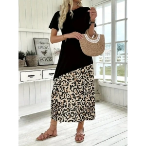 Kadın Kısa Kollu Bisiklet Yaka Leopar Detaylı Midi üst Viskon Alt Süprem Elbise