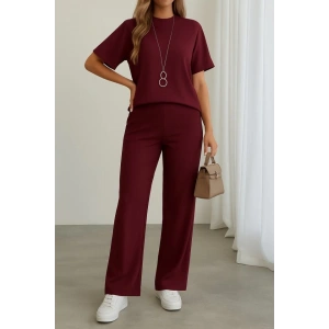 Kadın Kısa Kollu Bisiklet Yaka Omuzdan Düğmeli Viskon Iki Iplik Kısa Bluz Ve Pantolon Ikili Takım