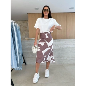 Kadın Kısa Kollu Bisiklet Yaka Viskon Bluz Ve Desenli Süprem Etek Ikili Takım