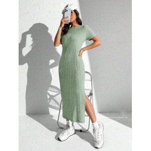 Kadın Kısa Kollu Bisiklet Yaka Yırtmaç Detay Fitilli Kaşkorse Tam Boy Elbise