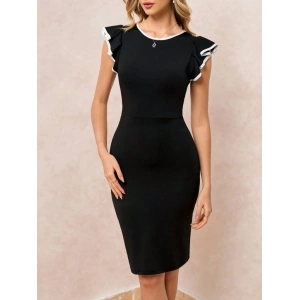 Kadın Kısa Kollu Bisiklet Yaka Yırtmaçlı Ithal Krep Elbise