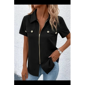 Kadın Kısa Kollu Ceket Yaka önü Fermuarlı Cep Detay Kısa Kol Ithal Krep Bluz