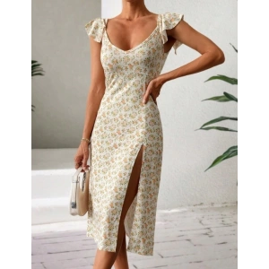 Kadın Kısa Kollu çiçek Desen Yırtmaçlı Süprem Elbise