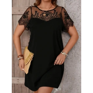 Kadın Kısa Kollu Dantel Bisiklet Yaka Ve Kol Dantel Detaylı Janjan Krep Elbise