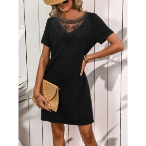 Kadın Kısa Kollu Dantel Yakalı Kısa Viskon Elbise