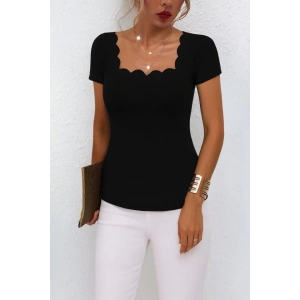 Kadın Kısa Kollu Kare Lazer Yakalı Janjan Krep Bluz