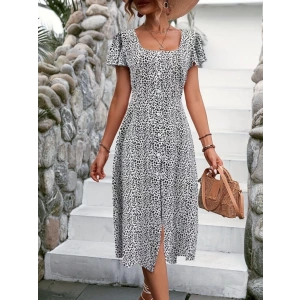 Kadın Kısa Kollu Kare Yaka önden Düğmeli çiçekli Süprem Elbise