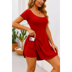 Kadın Kısa Kollu Kare Yaka Short Detaylı Cepli Dalgıç Elbise