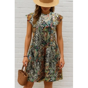 Kadın Kısa Kollu Kolları Fırfırlı Bisiklet Yakalı Kare Desenli Elbise