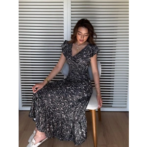 Kadın Kısa Kollu Kruvaze Yaka Beli Lastikli çiçek Desenli Elbise