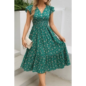 Kadın Kısa Kollu Kruvaze Yaka Beli Lastikli çiçek Desenli Elbise