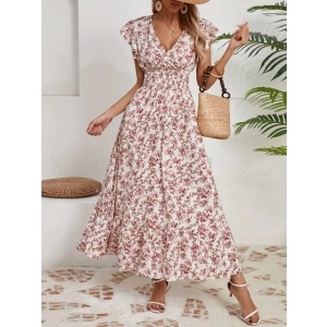 Kadın Kısa Kollu Kruvaze Yaka Beli Lastikli çiçek Desenli Elbise