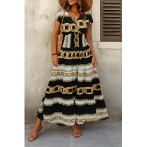 Kadın Kısa Kollu Kruvaze Yaka Beli Lastikli Süprem Maksi Boy Elbise