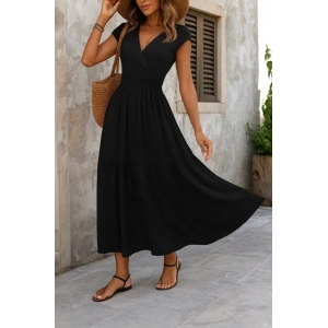 Kadın Kısa Kollu Kruvaze Yaka Beli Lastikli Süprem Maksi Boy Elbise