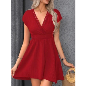 Kadın Kısa Kollu Kruvaze Yakalı Beli Lastikli Bürümcük Elbise