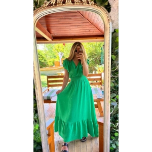 Kadın Kısa Kollu Kruvaze Yakalı Beli Lastikli Müslim Elbise