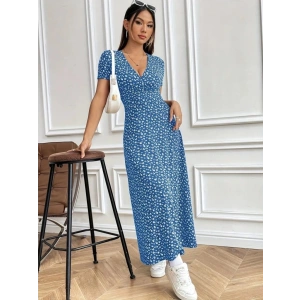 Kadın Kısa Kollu Kruvaze Yakalı çiçek Desenli Süprem Elbise