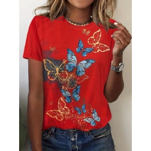 Kadın Kısa Kollu Mavi Sarı Kelebek Baskı Süprem Bluz