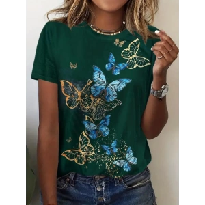 Kadın Kısa Kollu Mavi Sarı Kelebek Baskı Süprem Bluz