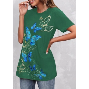 Kadın Kısa Kollu Mavi Sarı Kelebek Baskı Süprem T-shirt