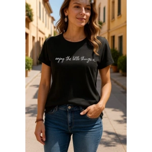 Kadın Kısa Kollu önü Yazı Baskılı Basic Süprem Bluz