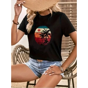 Kadın Kısa Kollu Palmiye Baskılı Viskon T-shirt
