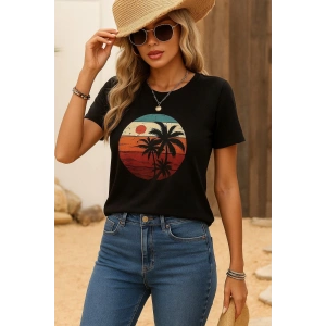 Kadın Kısa Kollu Palmiye Baskılı Viskon T-shirt
