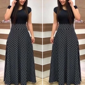 Kadın Kısa Kollu Puan Desen Tam Boy Krep Elbise