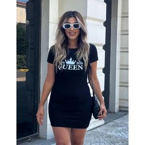Kadın Kısa Kollu Queen Baskı Iki Iplik Mini Elbise