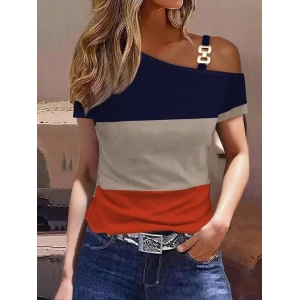Kadın Kısa Kollu Tek Omuzu Açık Toka Detaylı çok Renkli Viskon Bluz