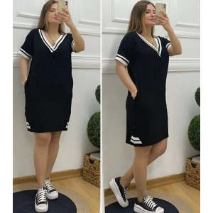 Kadın Kısa Kollu V Yaka Ribana Detaylı Cepli Dizüstü Viskon Elbise