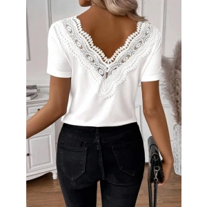 Kadın Kısa Kollu V Yakalı Arkası Dantelli Viskon Bluz