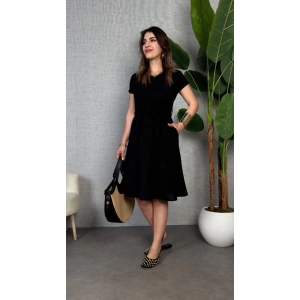 Kadın Kısa Kollu V Yakalı Beli Kuşaklı Ithal Keten Elbise