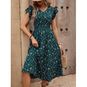 Kadın Kısa Kollu V Yakalı Beli Lastikli çiçek Desenli Süprem Elbise