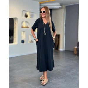 Kadın Kısa Kollu V Yakalı Cep Detaylı Uzun Viskon Iki Iplik Elbise
