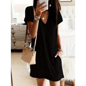 Kadın Kısa Kollu V Yakalı Cepli Kısa Viskon Elbise