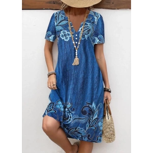 Kadın Kısa Kollu V Yakalı çiçek Baskılı Midi Süprem Elbise