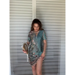 Kadın Kısa Kollu V Yakalı çiçek Baskılı Midi Süprem Elbise