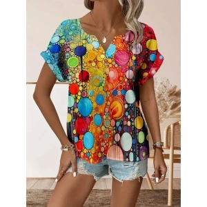 Kadın Kısa Kollu V Yakalı Desenli Süprem Bluz