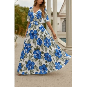 Kadın Kısa Kollu V Yakalı Desenli Süprem Elbise