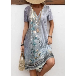 Kadın Kısa Kollu V Yakalı Desenli Süprem Elbise
