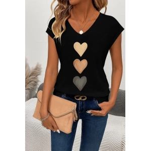 Kadın Kısa Kollu V Yakalı Kalp Desen Viskon Bluz