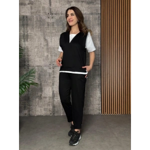 Kadın Kısa Kollu V Yakalı Kapşonlu Viskon Iki Iplik Bluz Ve Pantolon Takım