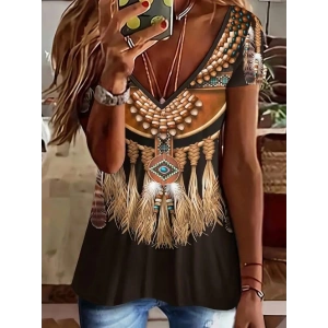 Kadın Kısa Kollu V Yakalı Kısa Kollu Salaş Desenli Süprem Bluz