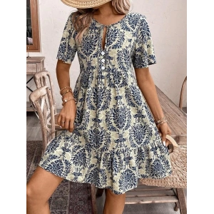 Kadın Kısa Kollu Yakadan Bağcıklı Desenli Fırfırlı Süprem Elbise
